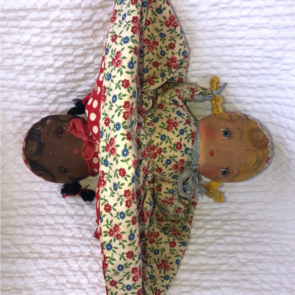 VINTAGE TOPSY TURVY Rag,Oil Cloth Faces 9.5” in. Handmade With Yarn Hair. - Picture 8 of 8